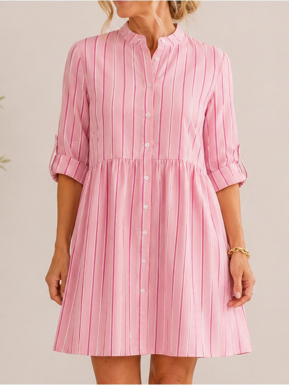 THML Pink Stripe Button Front Babydoll Shirt Dress Medium Cotton